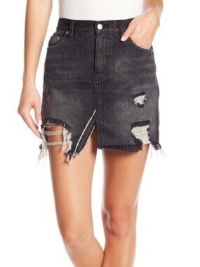 Free People We the Free Black Denim Destroyed Mini Skirt 28